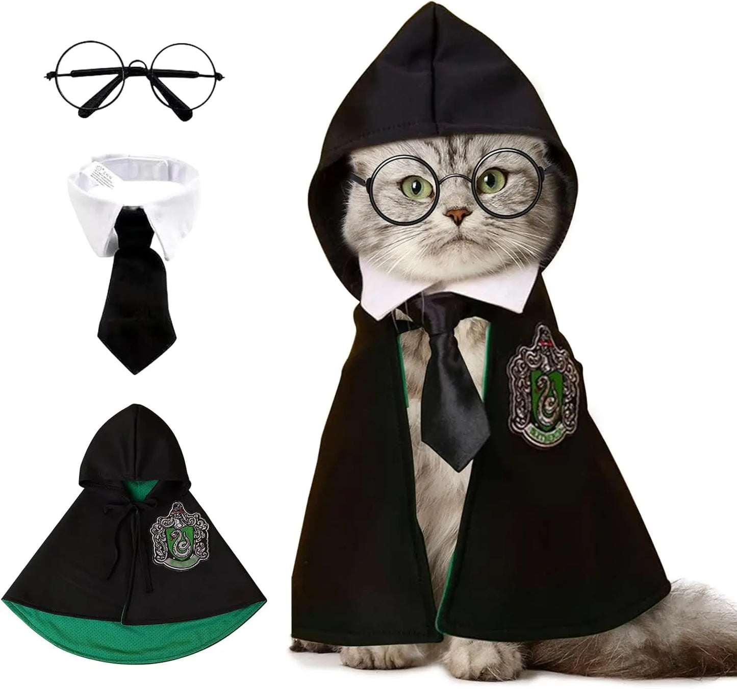 Harry Potter Style Costume for Dogs or Cats - Embroidered Cloak, Glasses, and Tie