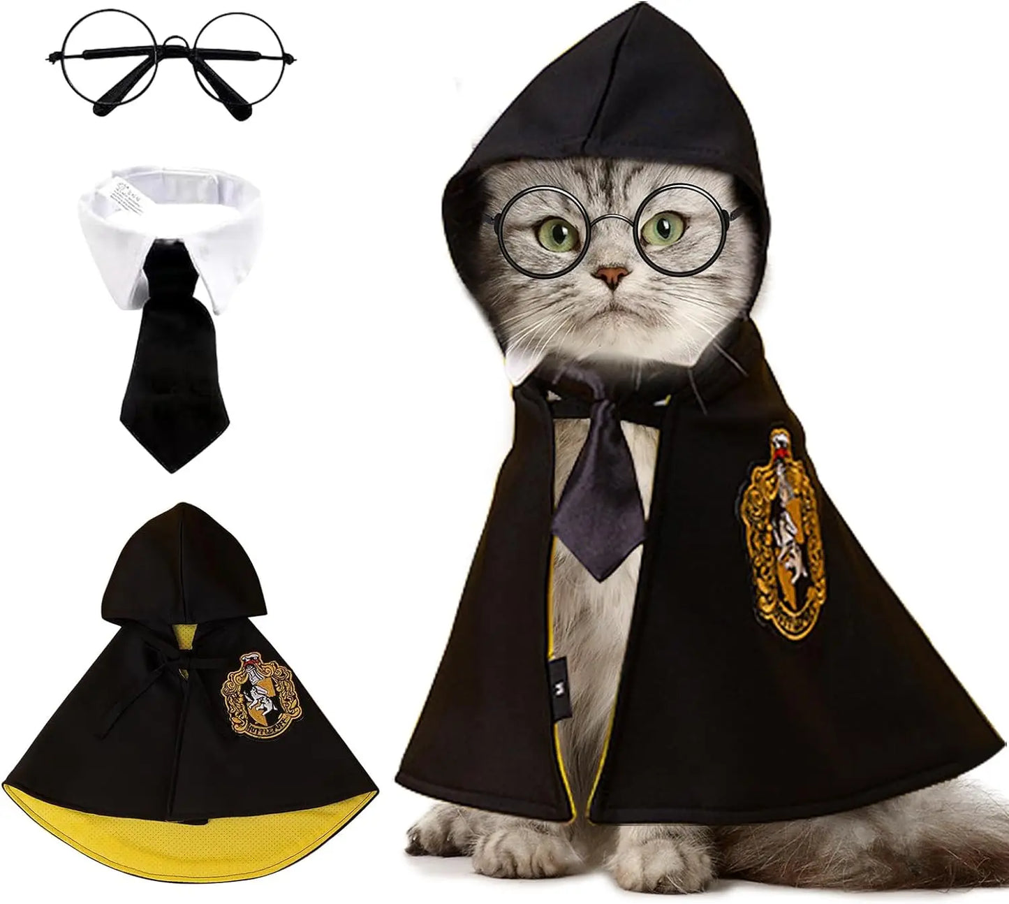 Harry Potter Style Costume for Dogs or Cats - Embroidered Cloak, Glasses, and Tie