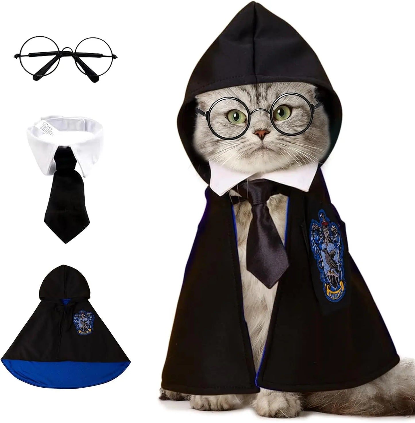 Harry Potter Style Costume for Dogs or Cats - Embroidered Cloak, Glasses, and Tie