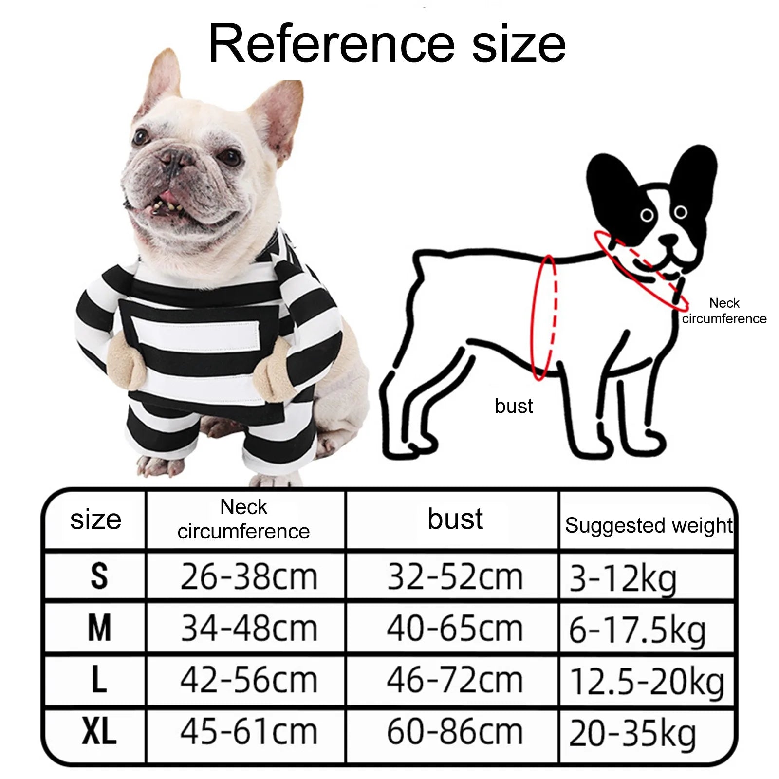 Dog size chart with a French Bulldog wearing a striped outfit and measurement guide.