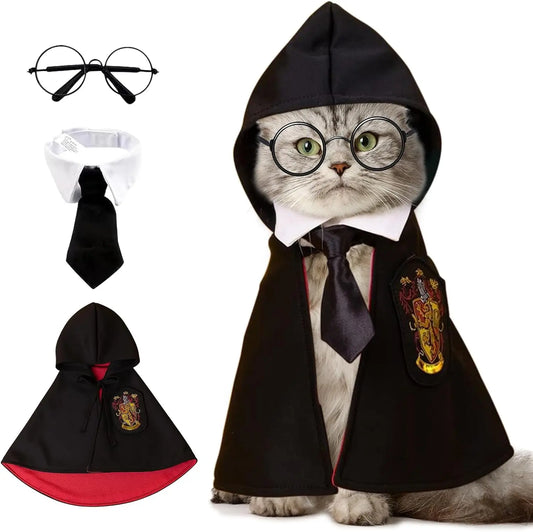 Harry Potter Style Costume for Dogs or Cats - Embroidered Cloak, Glasses, and Tie