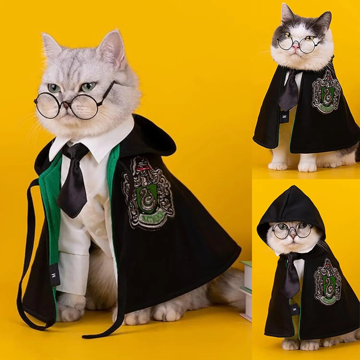 Harry Potter Style Costume for Dogs or Cats - Embroidered Cloak, Glasses, and Tie